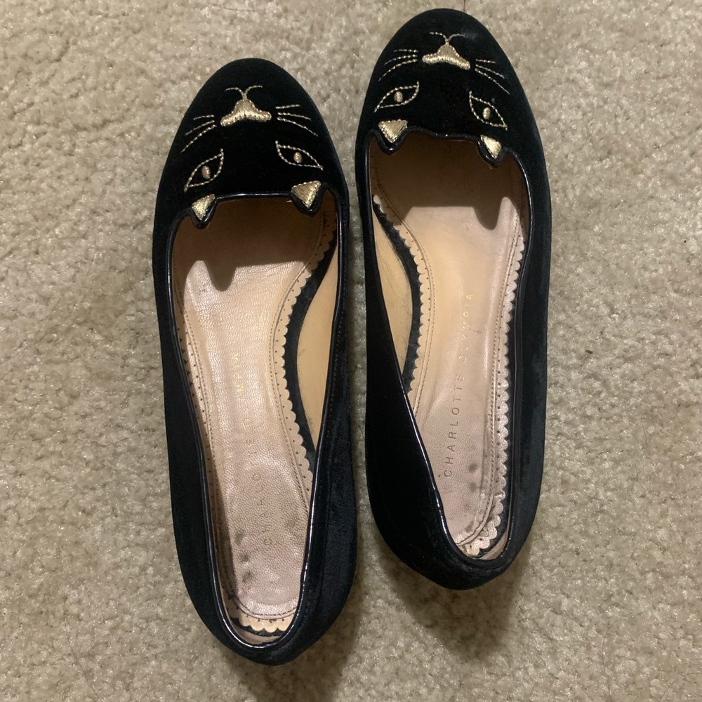 Charlotte Olympia Embroidered Cat Velvet Flat